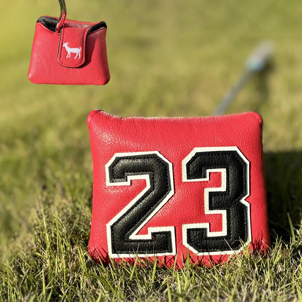 Set of coloured chicken drumstick design golf club head covers for fairway woods, a square putter, and irons.