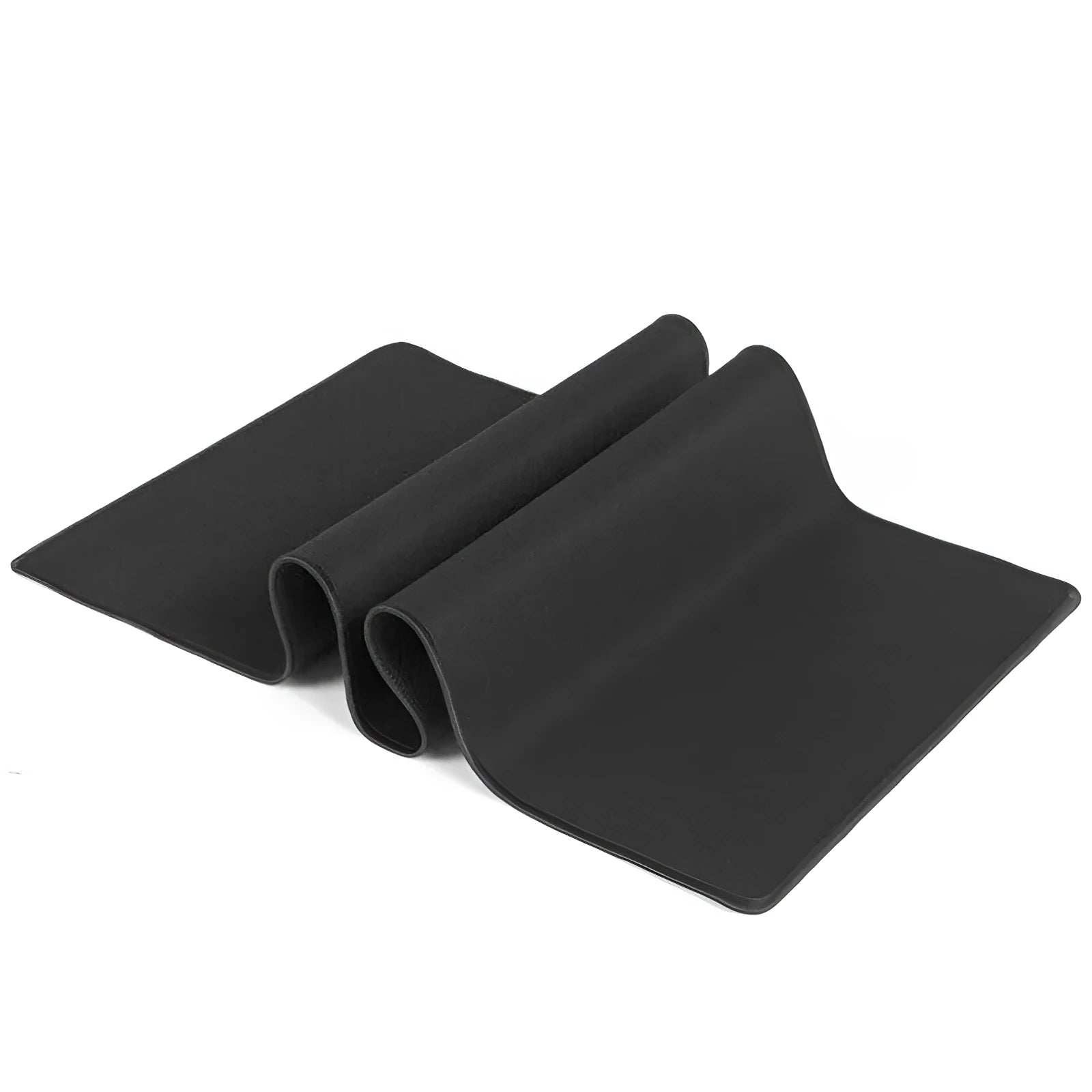 Long black desk mat with overlock stitching for keyboard and mouse on a wooden desk.