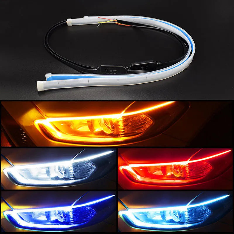 Flexible silicone car LED strip for daytime running lights and flowing turn signals in multiple colours.