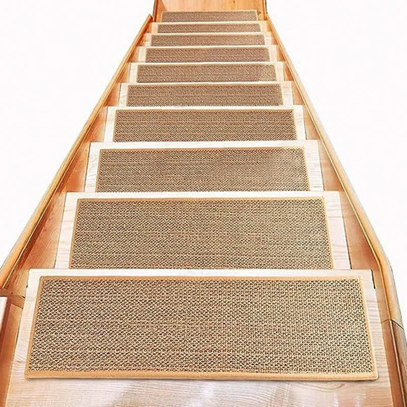 Japanese-style linen-look stair mat in camel colour on a wooden step.
