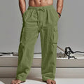Men's cotton wide-leg casual trousers in light army green colour showing relaxed fit and mid-waist design