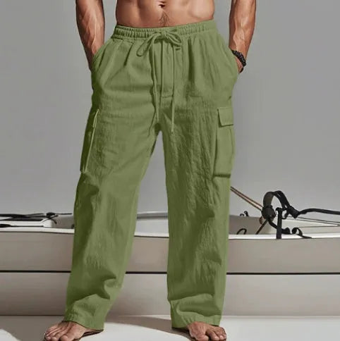 Men's cotton wide-leg casual trousers in light army green colour showing relaxed fit and mid-waist design