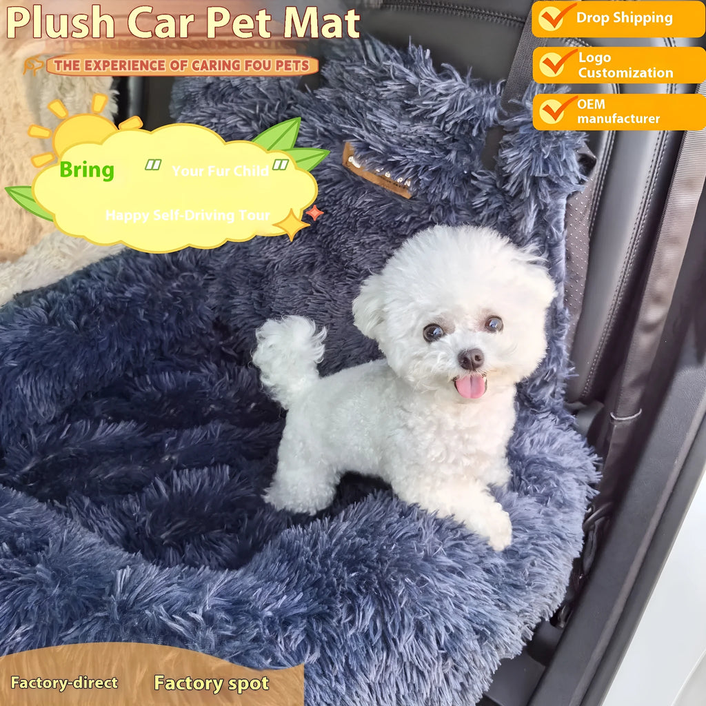 Beige thick cloth pet mat with raised sides on a car seat, showing its size and thermal design.