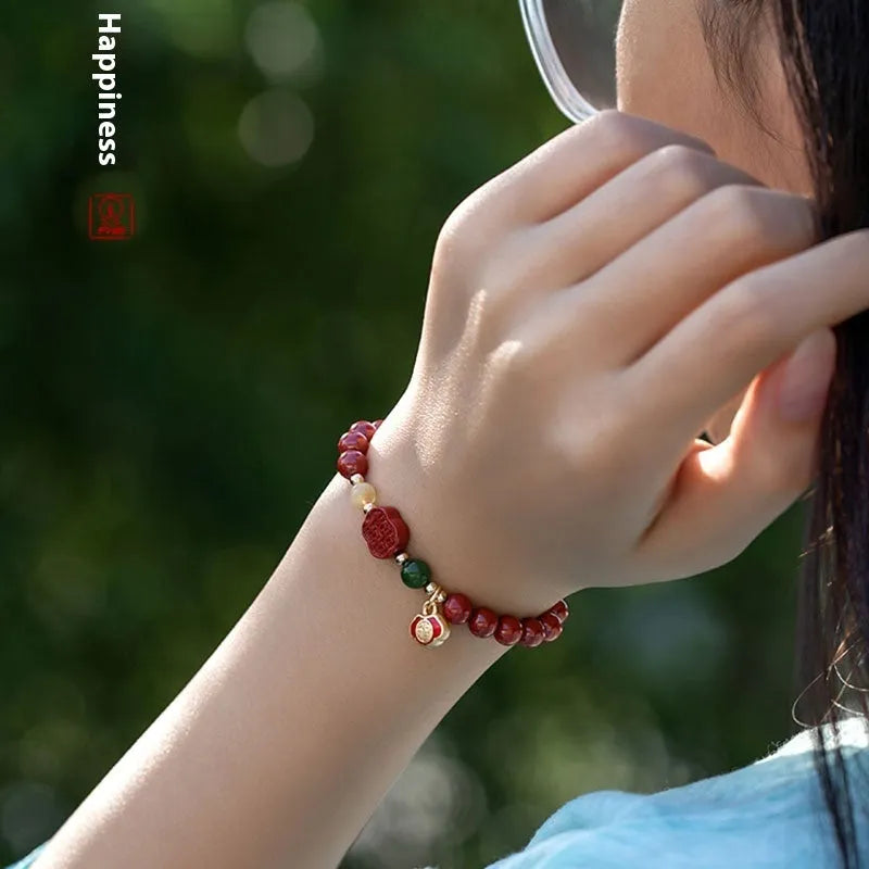 Raw ore Emperor Sandstone bracelet with a fu character charm in New Chinese style.