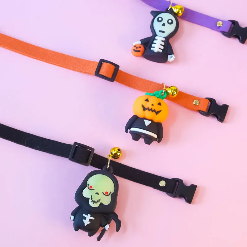 Halloween dog collar with glow-in-the-dark cartoon design in multiple sizes for pet costumes