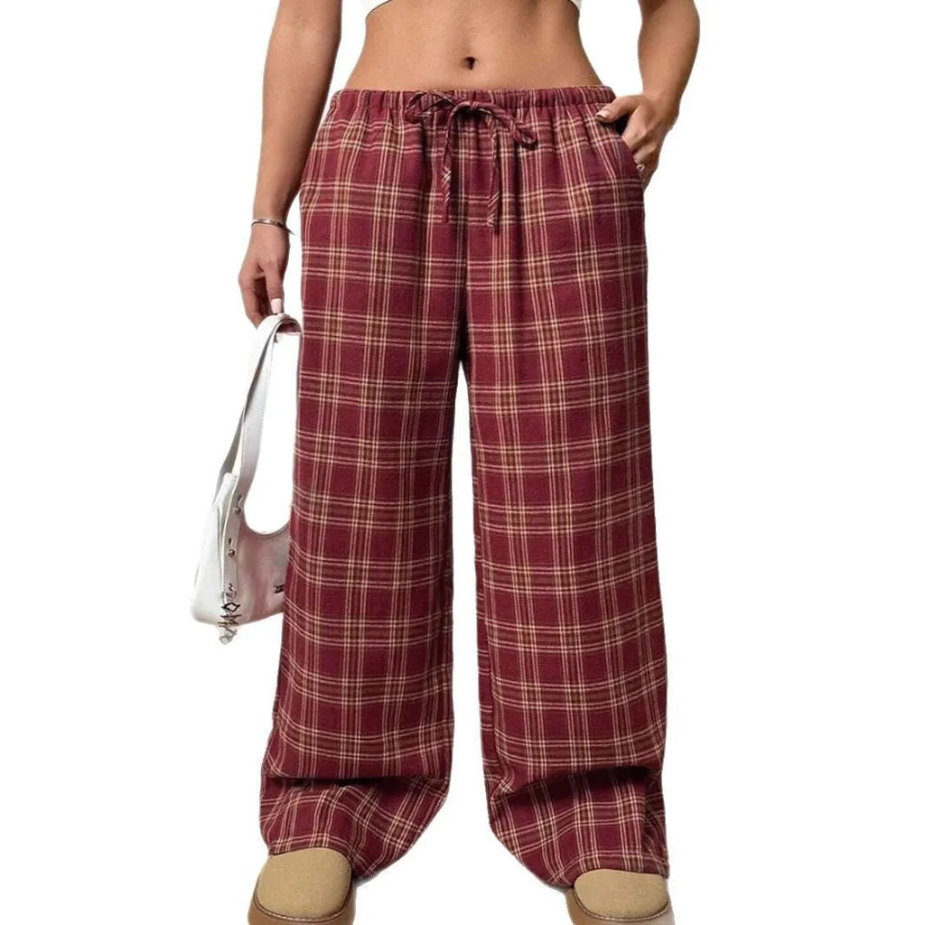 Women's loose fit casual trousers with drawstring waist and plaid pockets in polyester fabric