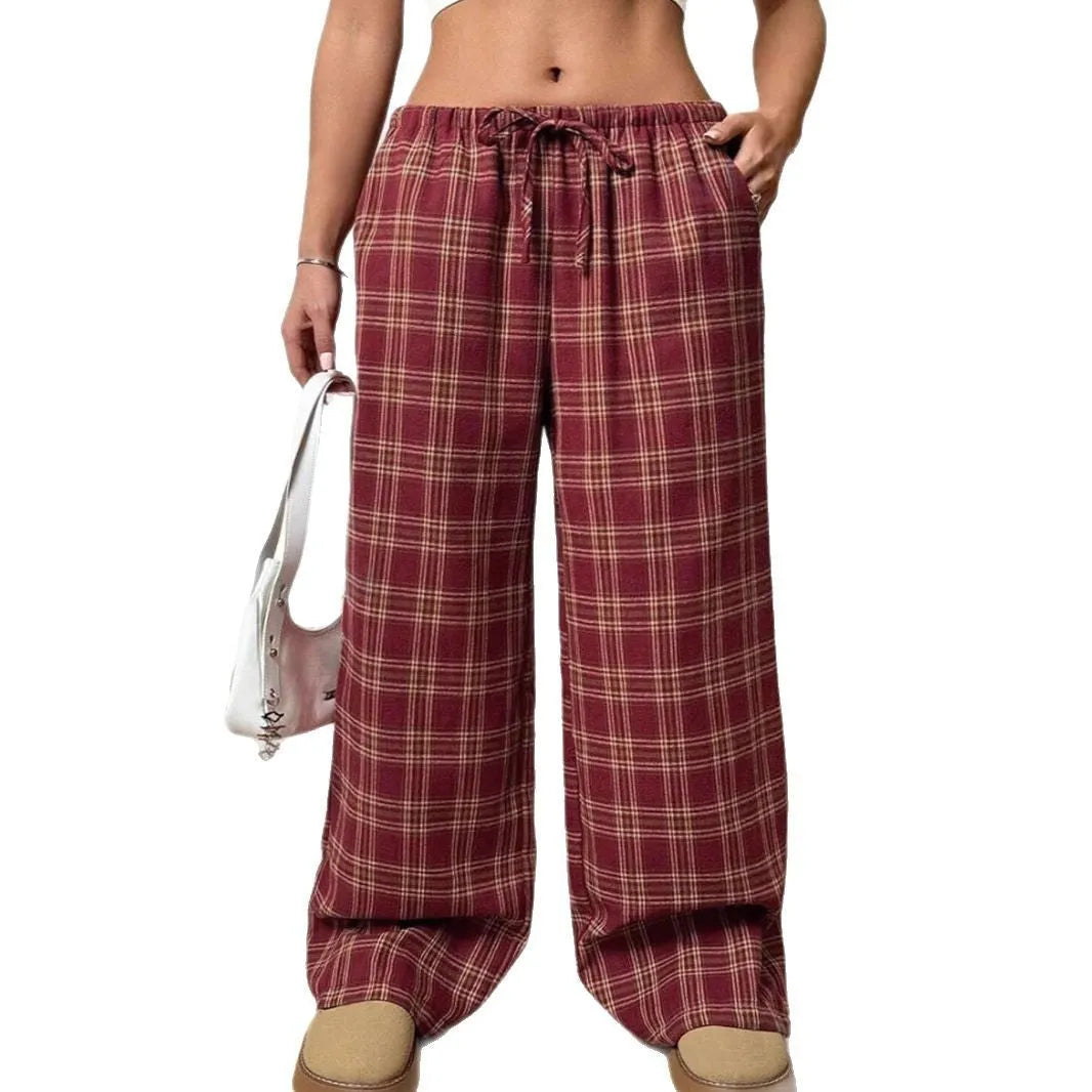 Women's loose fit casual trousers with drawstring waist and plaid pockets in polyester fabric