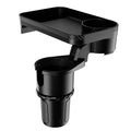 Black ABS plastic car-mounted rotating dinner tray holder installed in a vehicle cup holder.