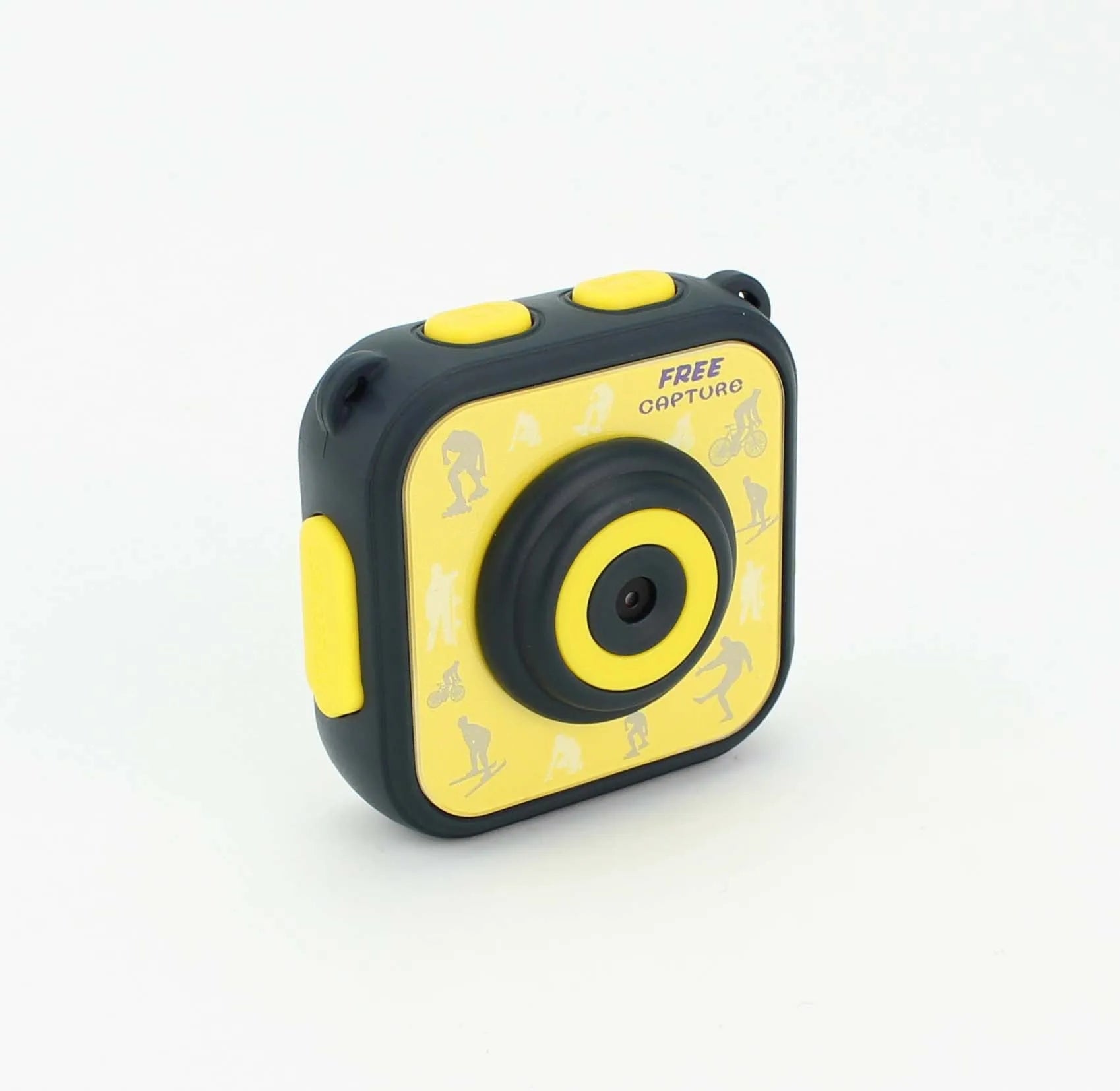 Yellow children's waterproof sports camera showing front with lens and 1.77-inch LCD screen