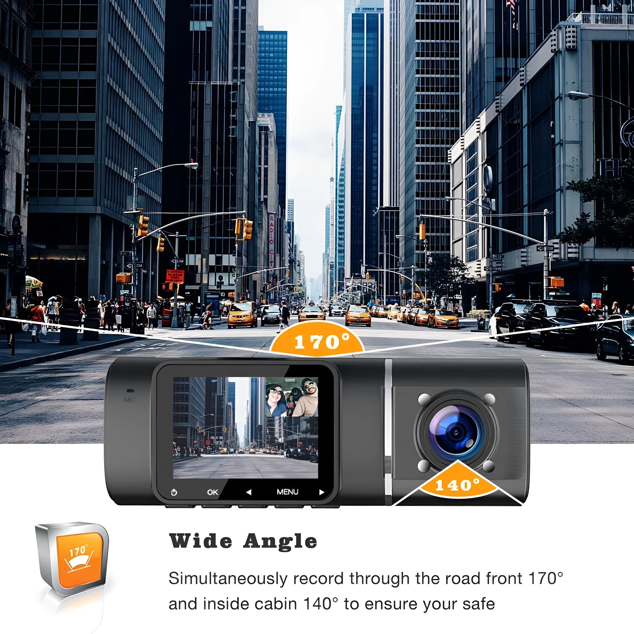 Standard black 1080p car dash cam with a 1.5-inch screen, shown with car charger and windscreen mount.