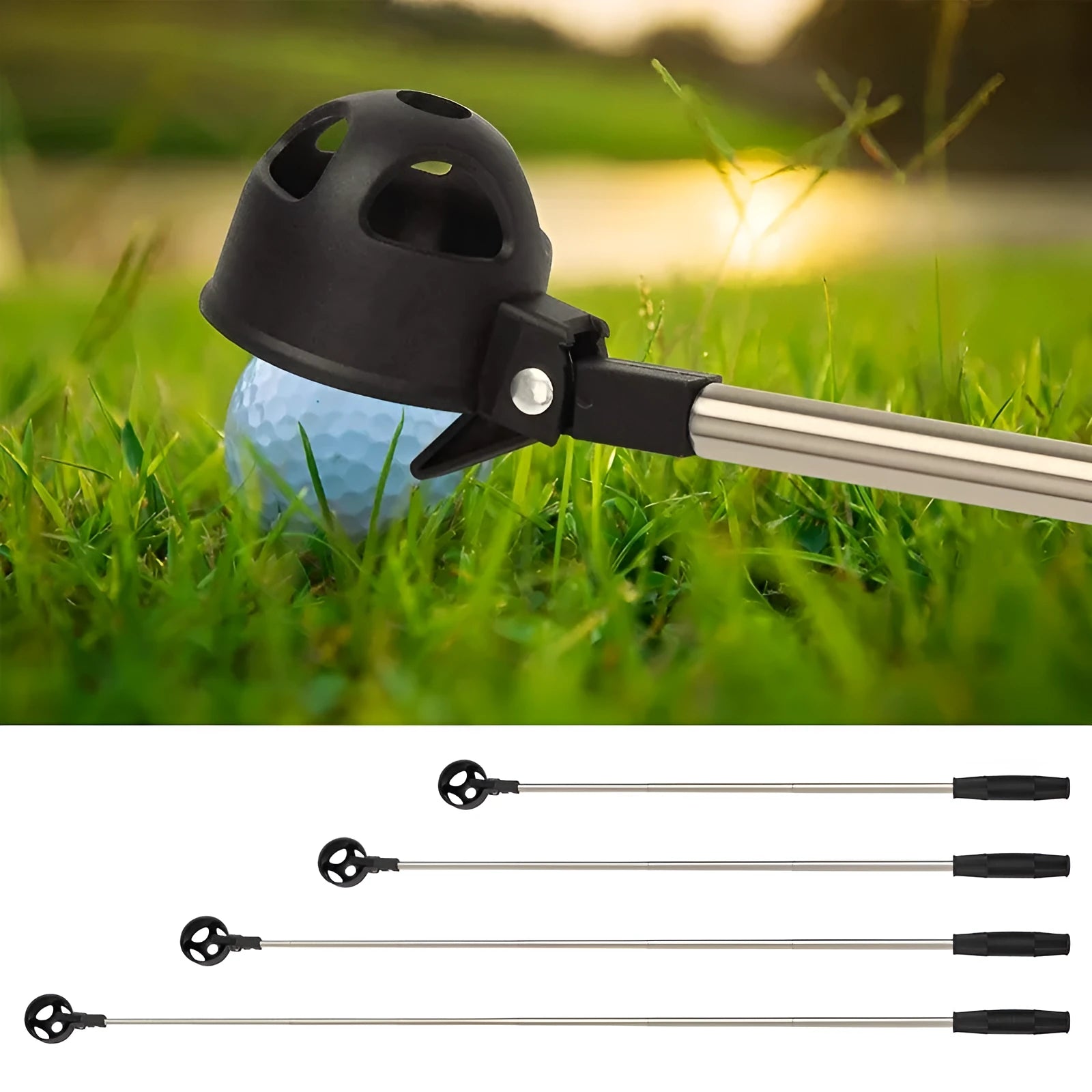 Black stainless steel retractable golf ball retriever with plastic head on golf course