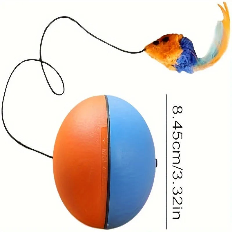 Orange and blue interactive motorised cat toy ball with a plush mouse inside, showing its compact size.