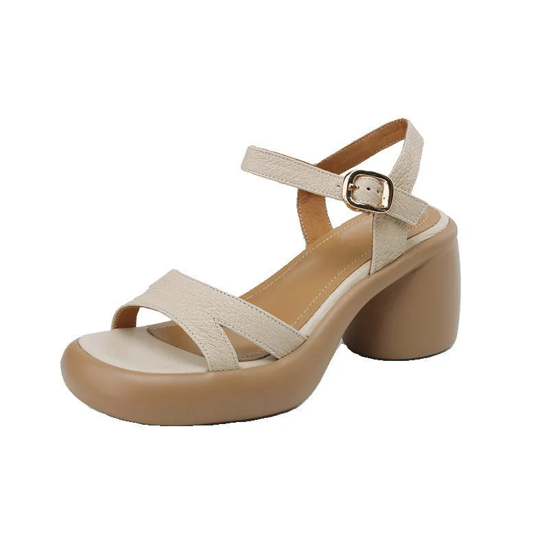 Women's open toe platform sandals in apricot with a round toe holder and chunky rubber sole.