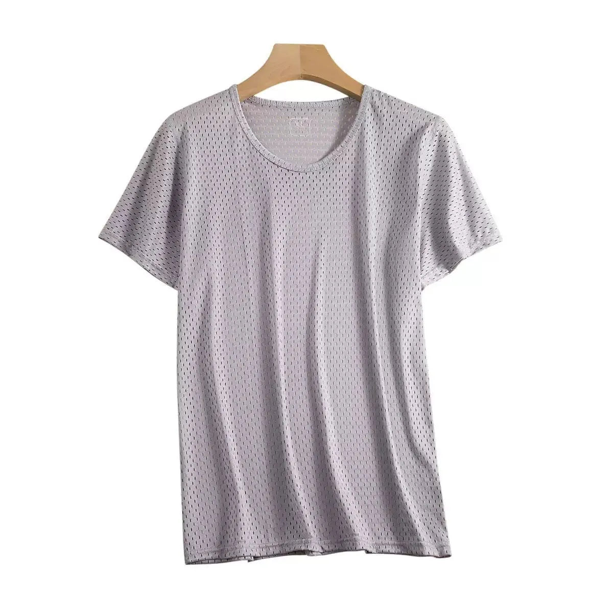 Ice silk men's short sleeve t-shirt in a solid colour, showing crew neck and loose fit.