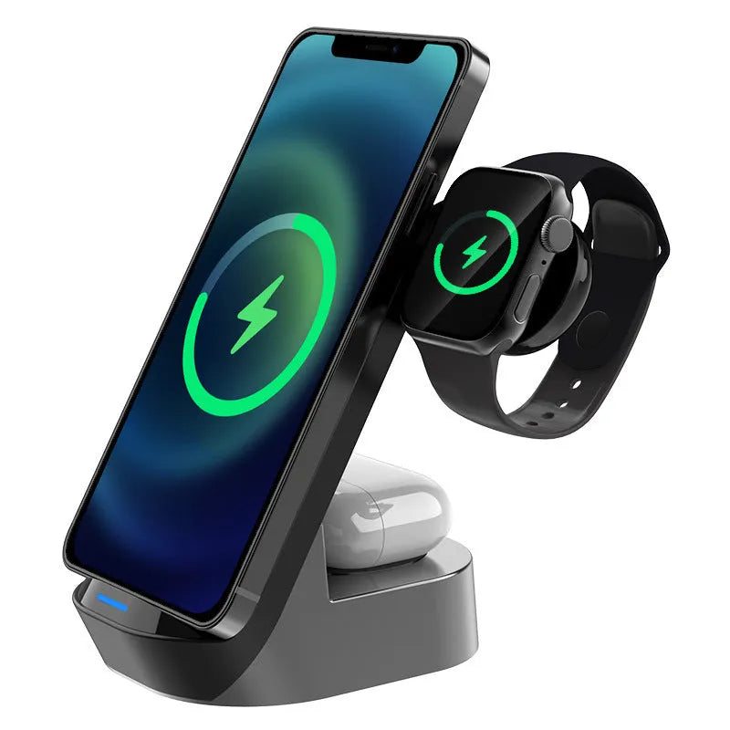 Grey black foldable 3-in-1 wireless charger standing vertically with phone, watch, and earbuds case.