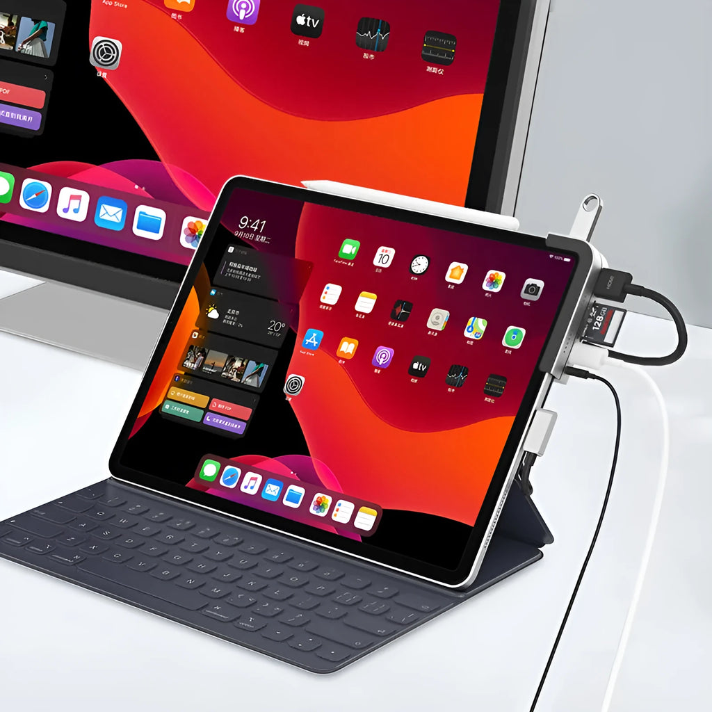 Silver aluminium grey USB-C 6-in-1 docking station for iPad Pro tablets with HDMI port.