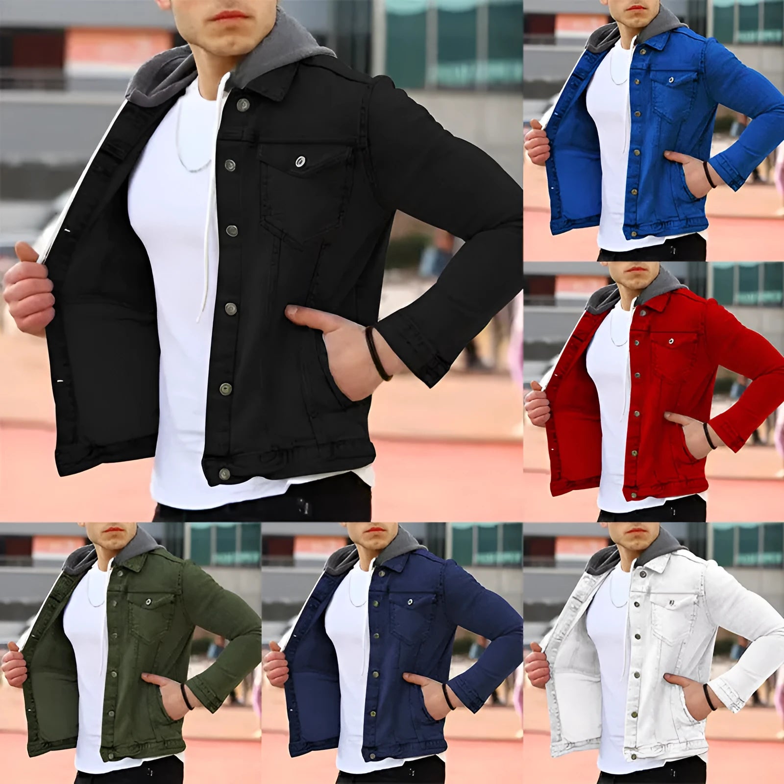 Men's slim hooded polyester coat in navy blue, full front view, with side pockets and long sleeves