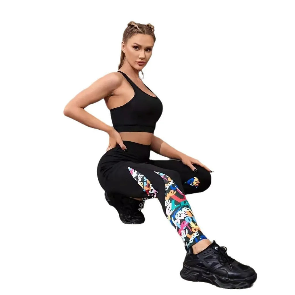 Women's high waist yoga leggings with contrast patchwork pattern and side pockets