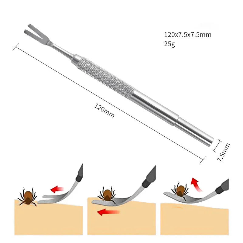 Silver stainless steel tick removal tweezers for pets on a plain background.