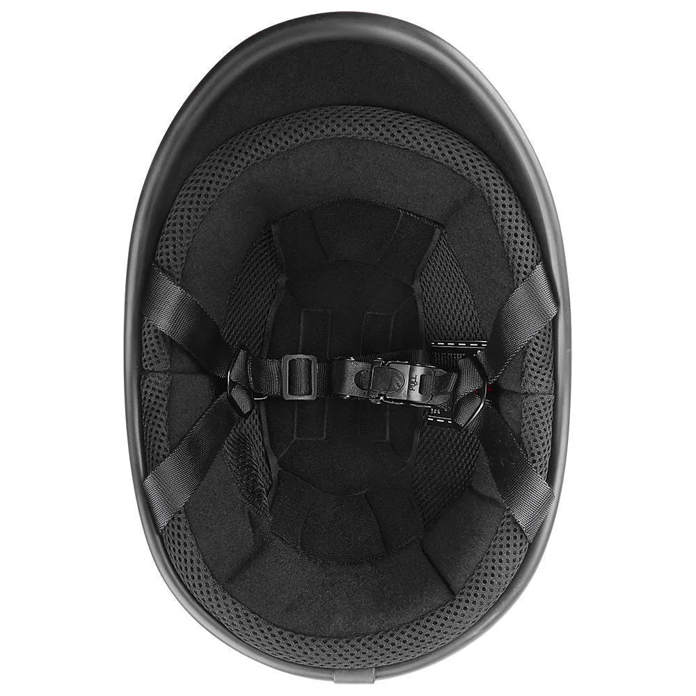 Retro hand-curved motorcycle helmet in ABS construction showing colour options including matte black, bright black, white, cement grey and carbon fibre