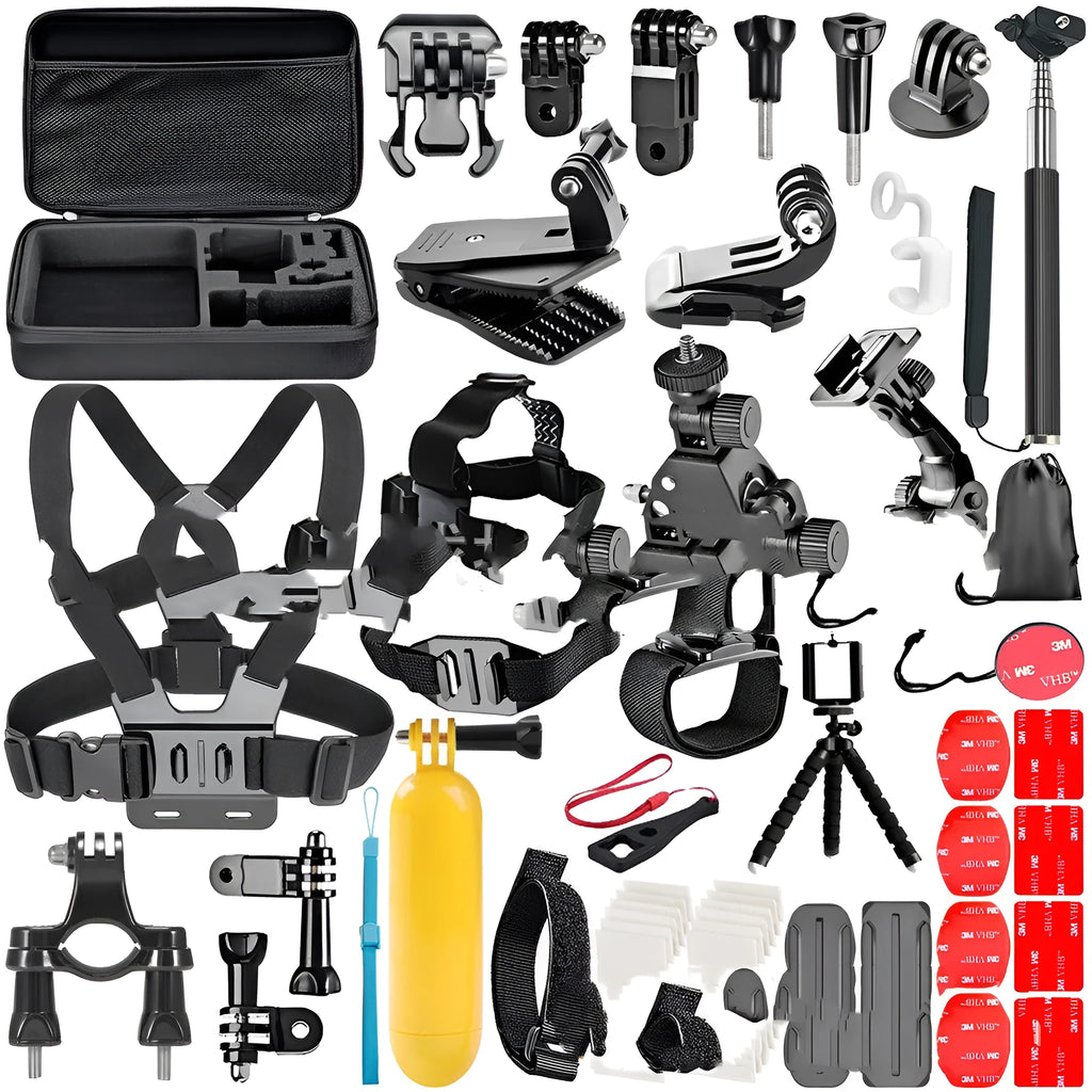 Black GoPro accessories set with chest strap mount and tripod mount for Hero 4 3 2 cameras