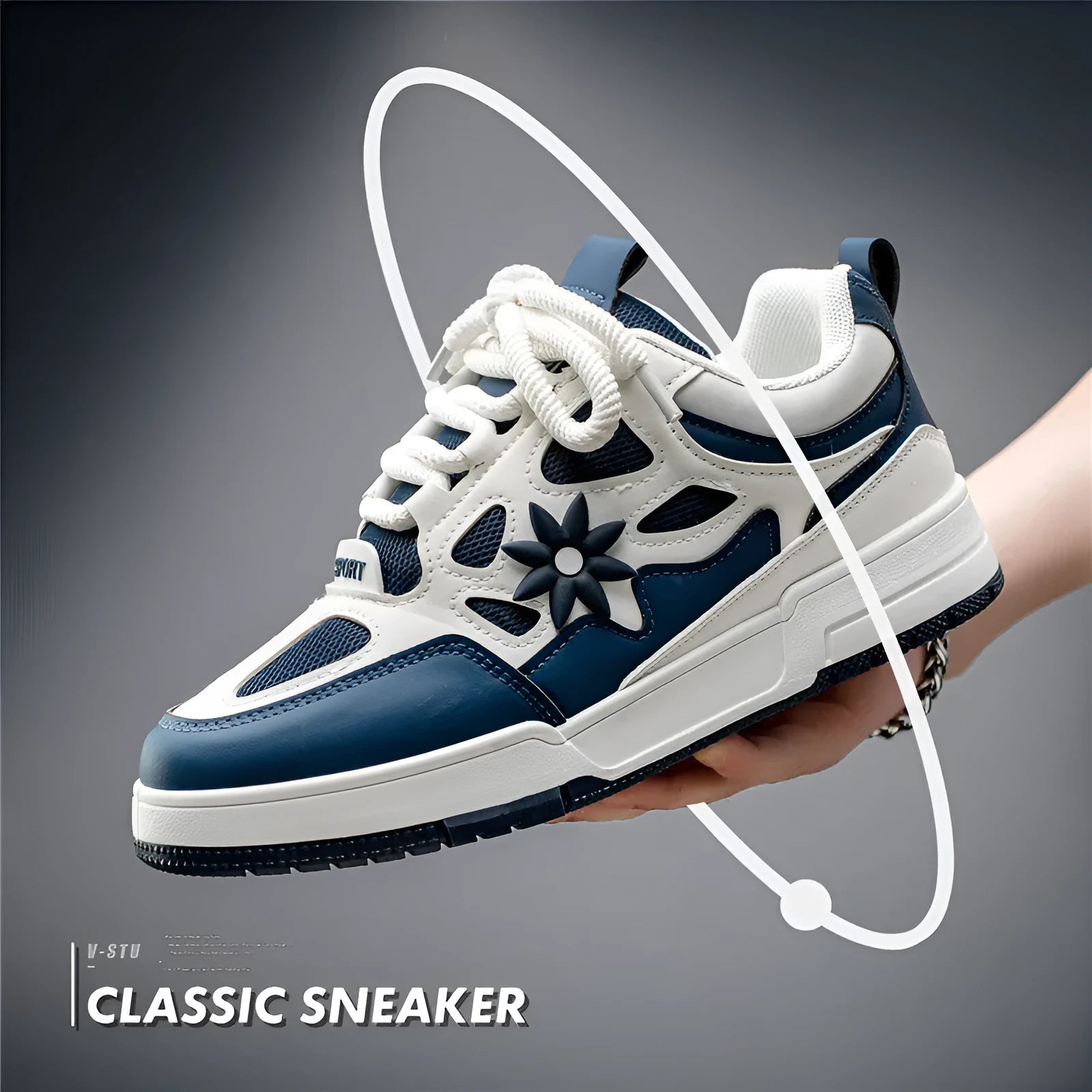 Men's Korean style bread shoes in black with belt decoration, flat heel, and low-top lace-up design