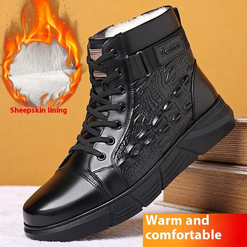 Black genuine leather snow boots with a fur collar, rubber sole, and front laces on a winter background.