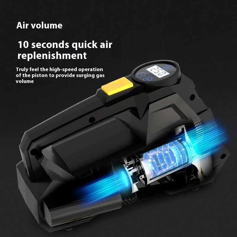 Black portable digital tyre inflator with LED light and display, connected to a car tyre valve.