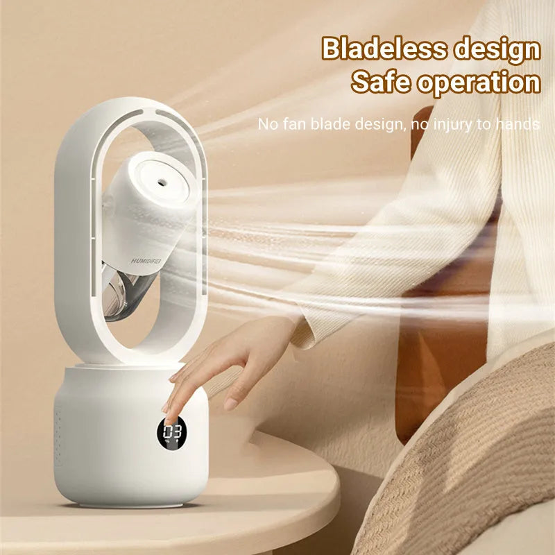 White bladeless table fan with humidifier mist spray and USB rechargeable battery on wooden desk