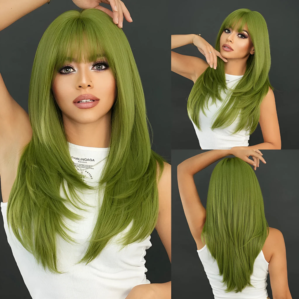 Vanilla green long straight women's wig with bangs measuring 63cm made from domestic silk