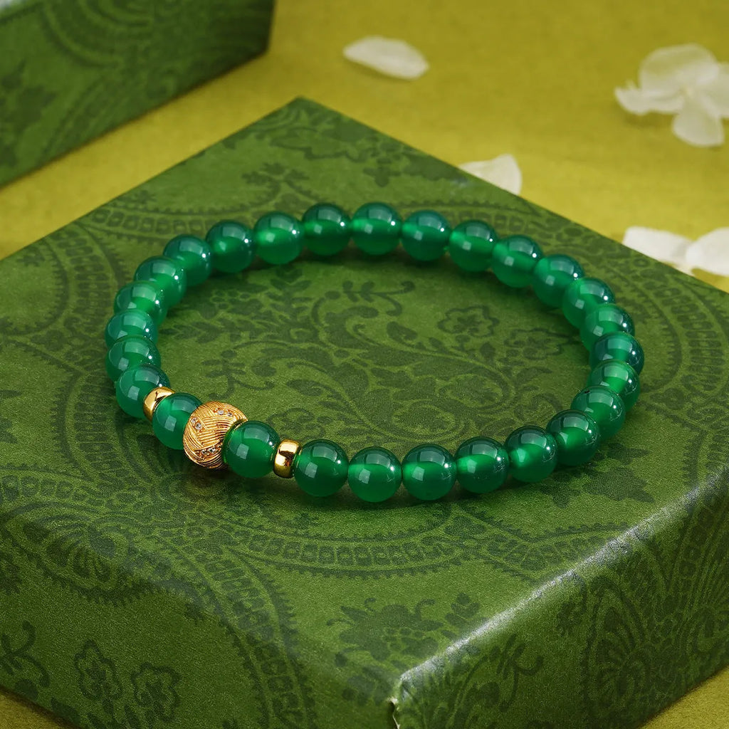Natural green agate and S925 sterling silver bracelet with 6mm geometry beads and yellow gold finish