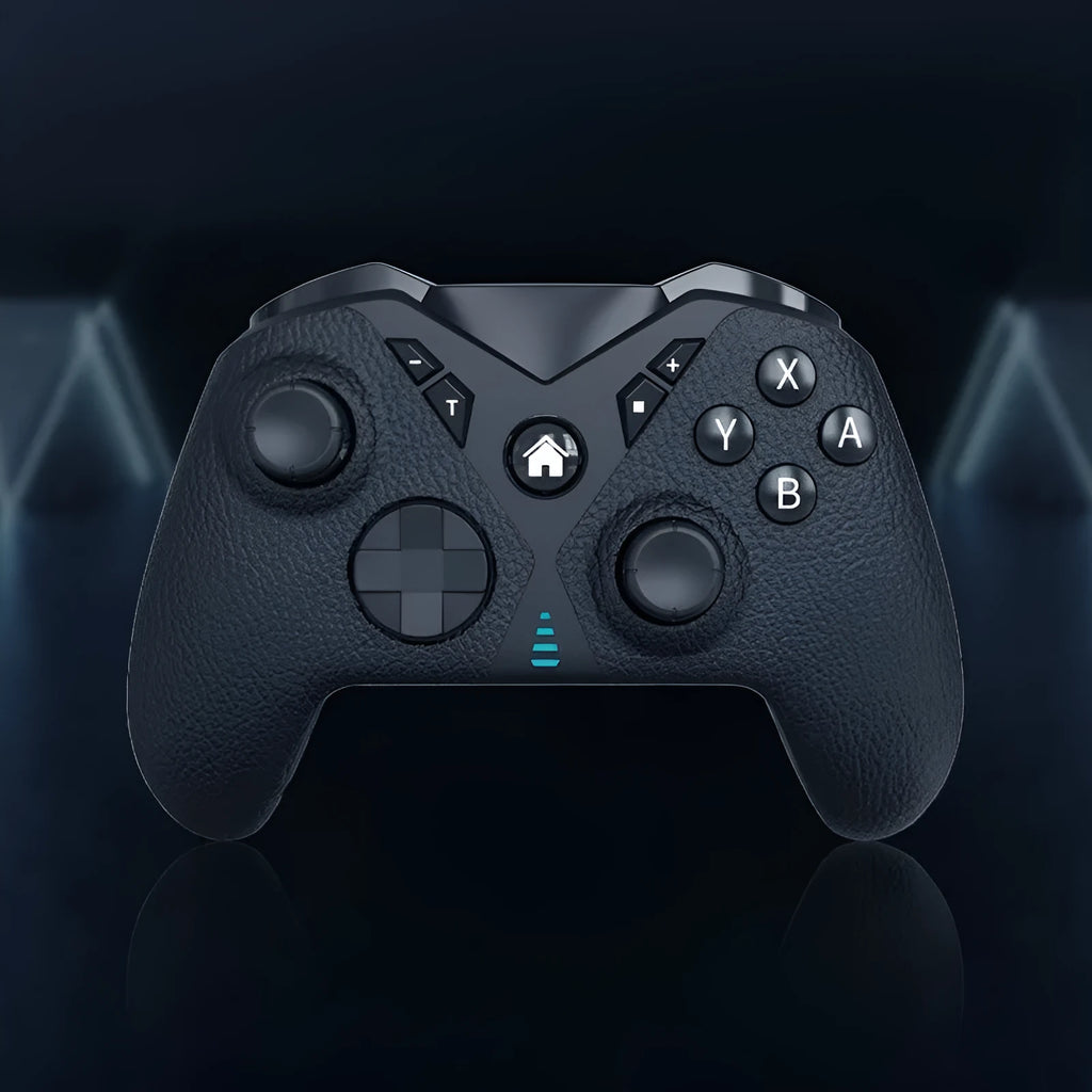 Black wireless game controller for Nintendo with type-c port and leather pattern texture.
