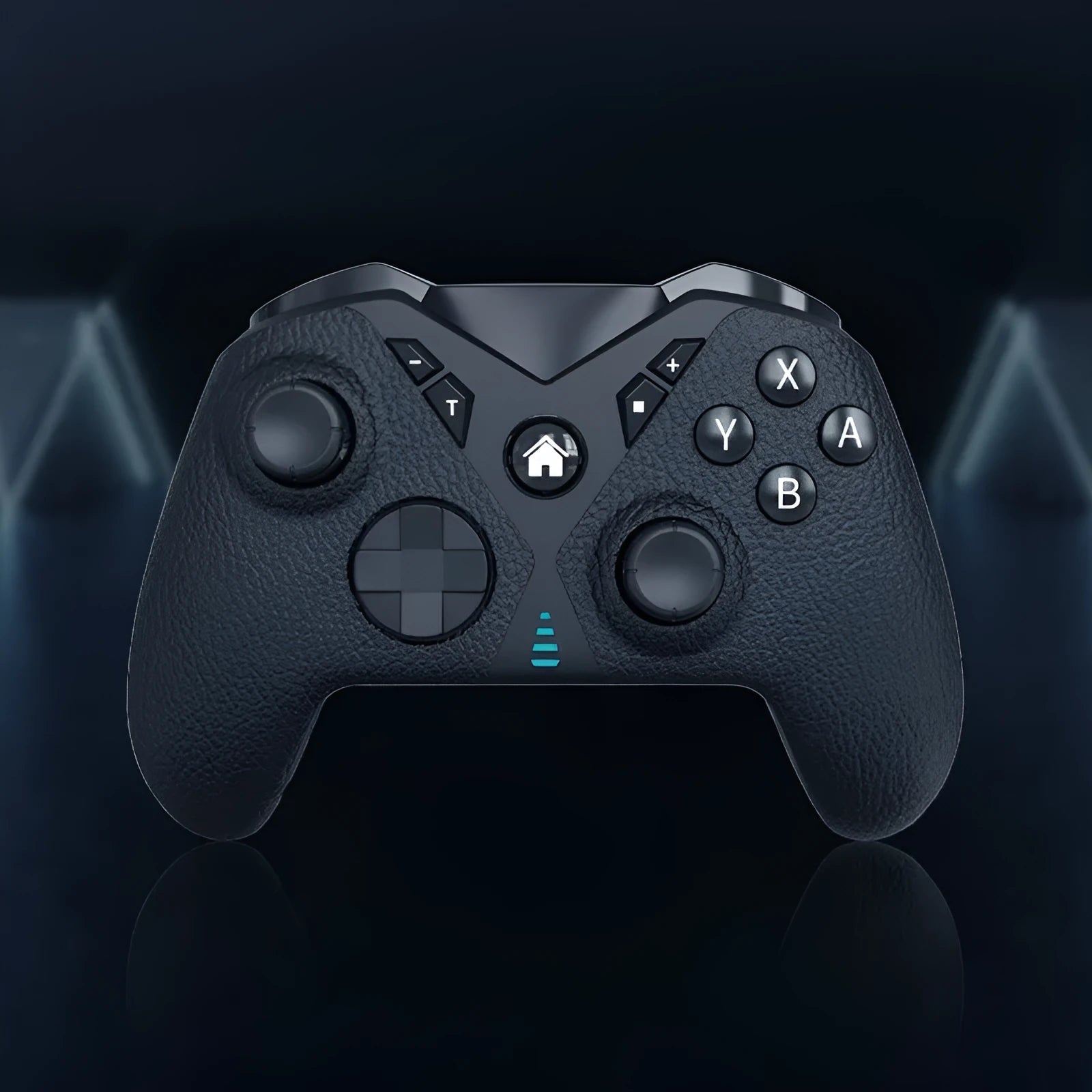 Black wireless game controller for Nintendo with type-c port and leather pattern texture.