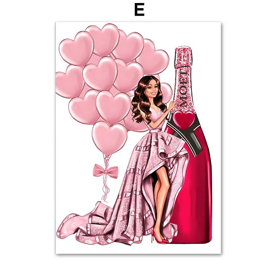 Modern cartoon canvas wall art print featuring a fashion bag girl with balloons and champagne.