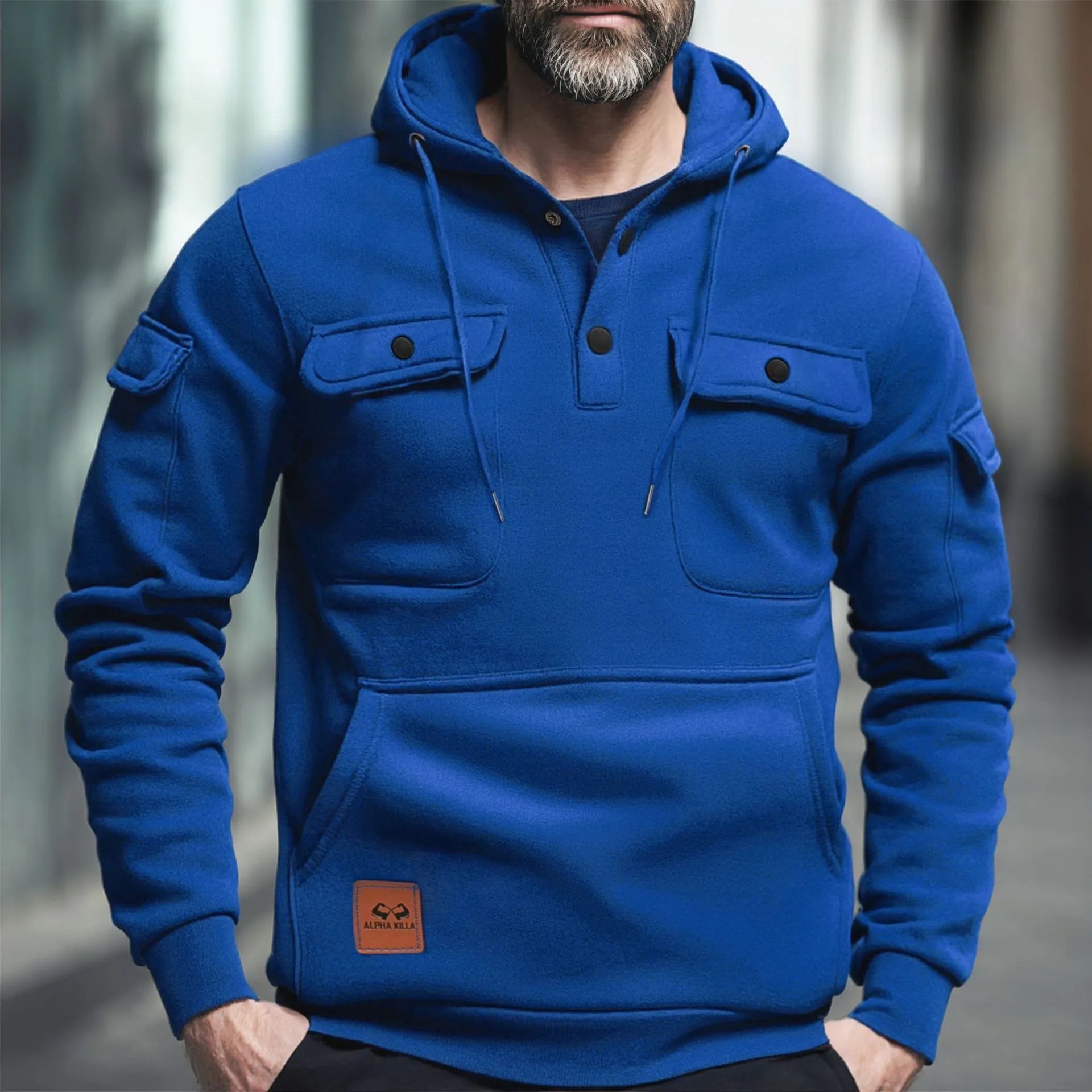 Men's polyester button multi-pocket pullover sweater in solid colour with wool lining, loose fit