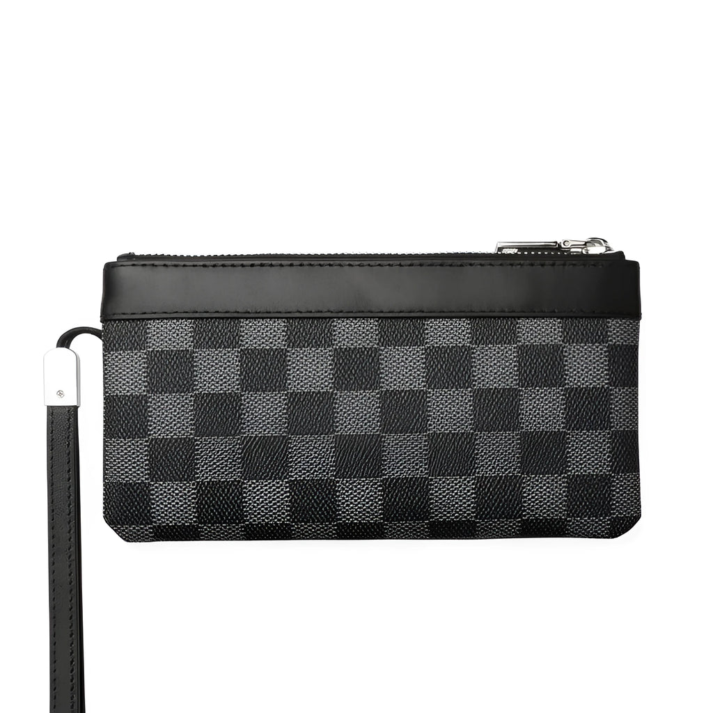 Black men's clutch wallet made of cowhide leather, shown with dimensions 20cm by 10cm.