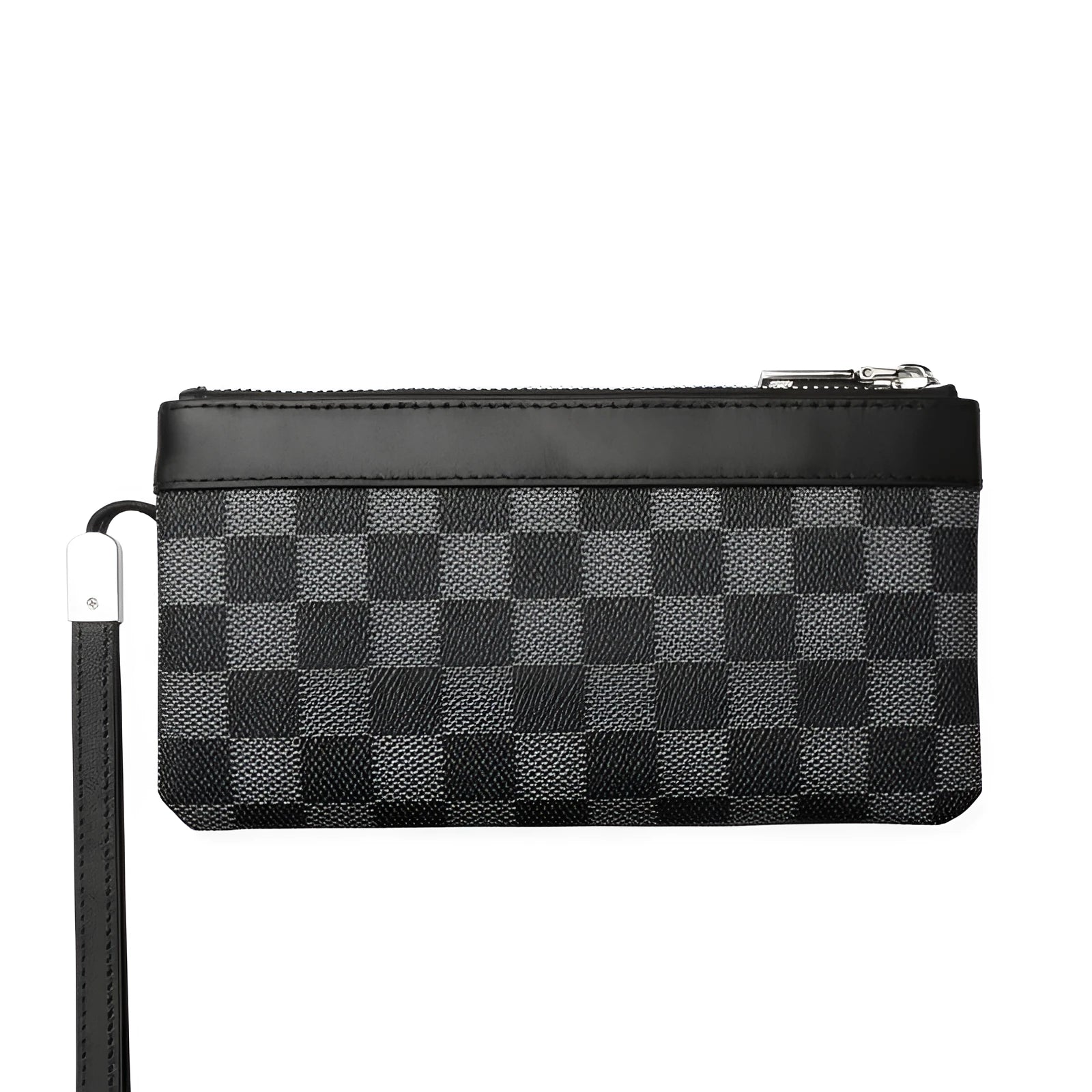 Black men's clutch wallet made of cowhide leather, shown with dimensions 20cm by 10cm.