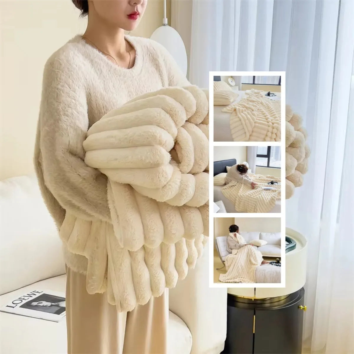 Soft Wind bubble velvet faux rabbit fur blanket in caramel colour showing double-sided texture