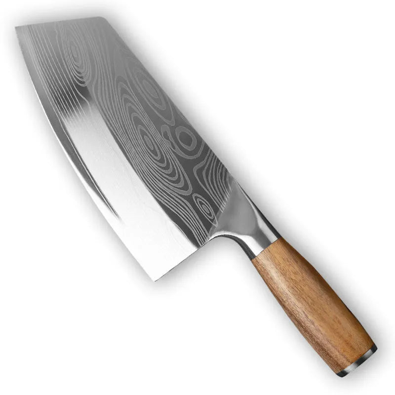 Stainless steel kitchen knife with a 320mm long blade and a black handle.