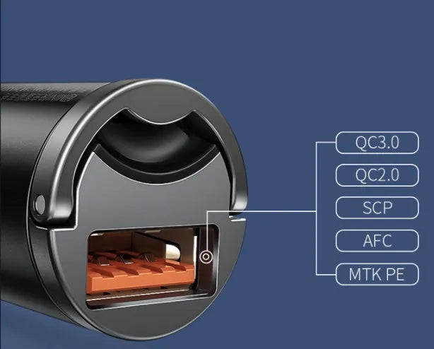 Baseus electro-optical grey 30W PPS fast car charger with single USB port and attached cable.