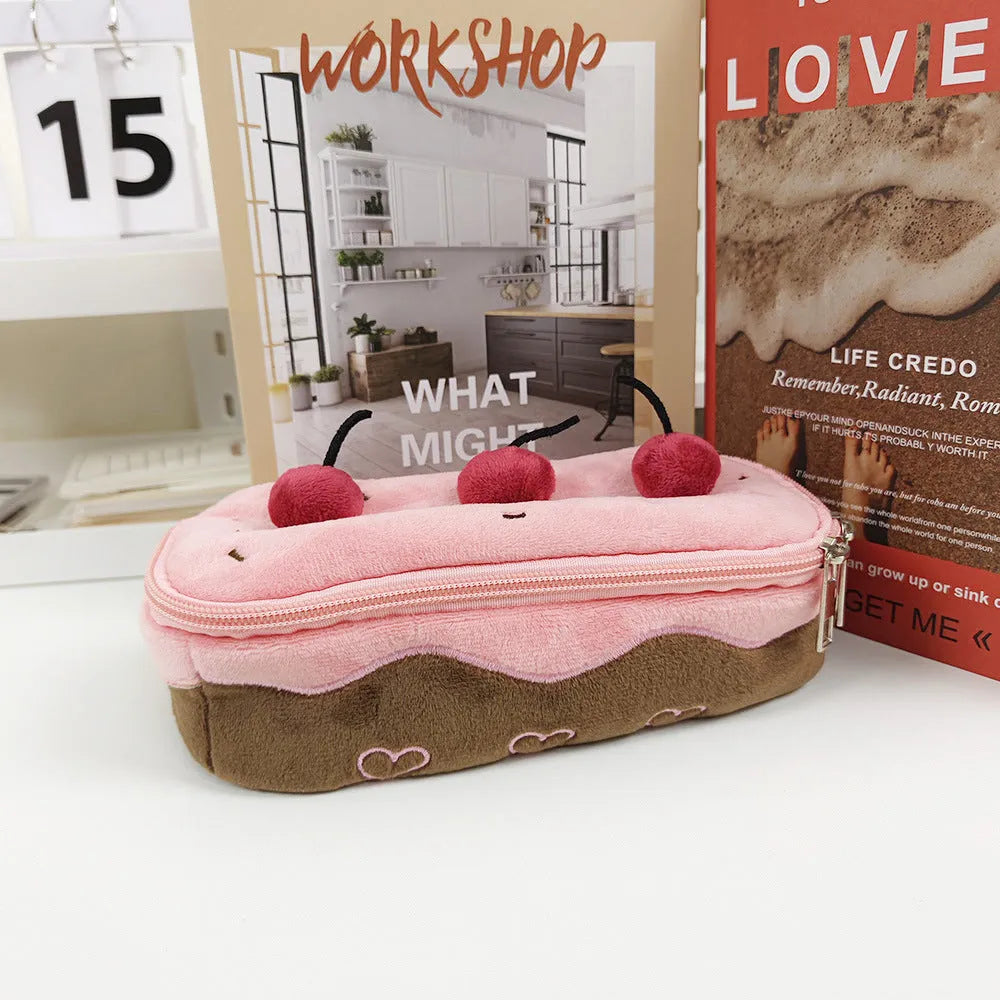 Cherry cake coloured velvet plush pencil bag with a zip, shown in Korean style.