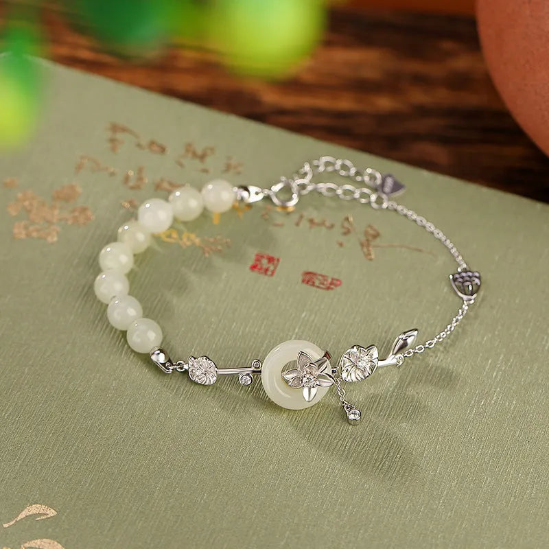 Hetian jade lotus peace buckle bracelet in 925 sterling silver with gold or silver plating