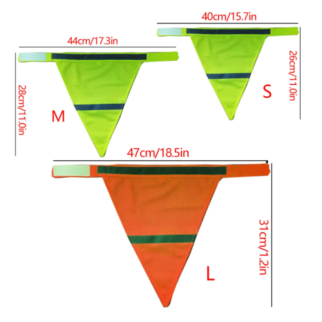 Yellow and orange polyester dog bandana with reflective stripes laid flat, showing adhesive strap closure.