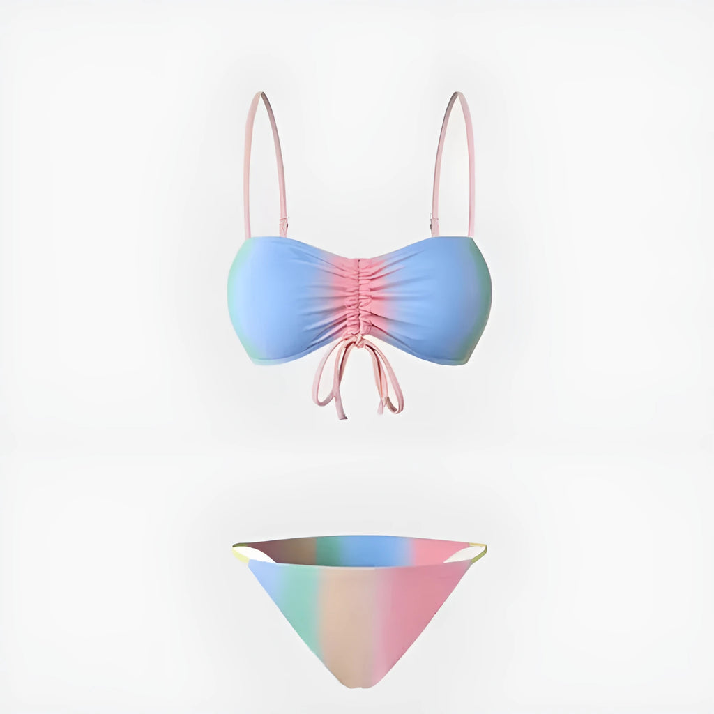 Women's lace up triangle bikini swimsuit with adjustable front and colour matching design