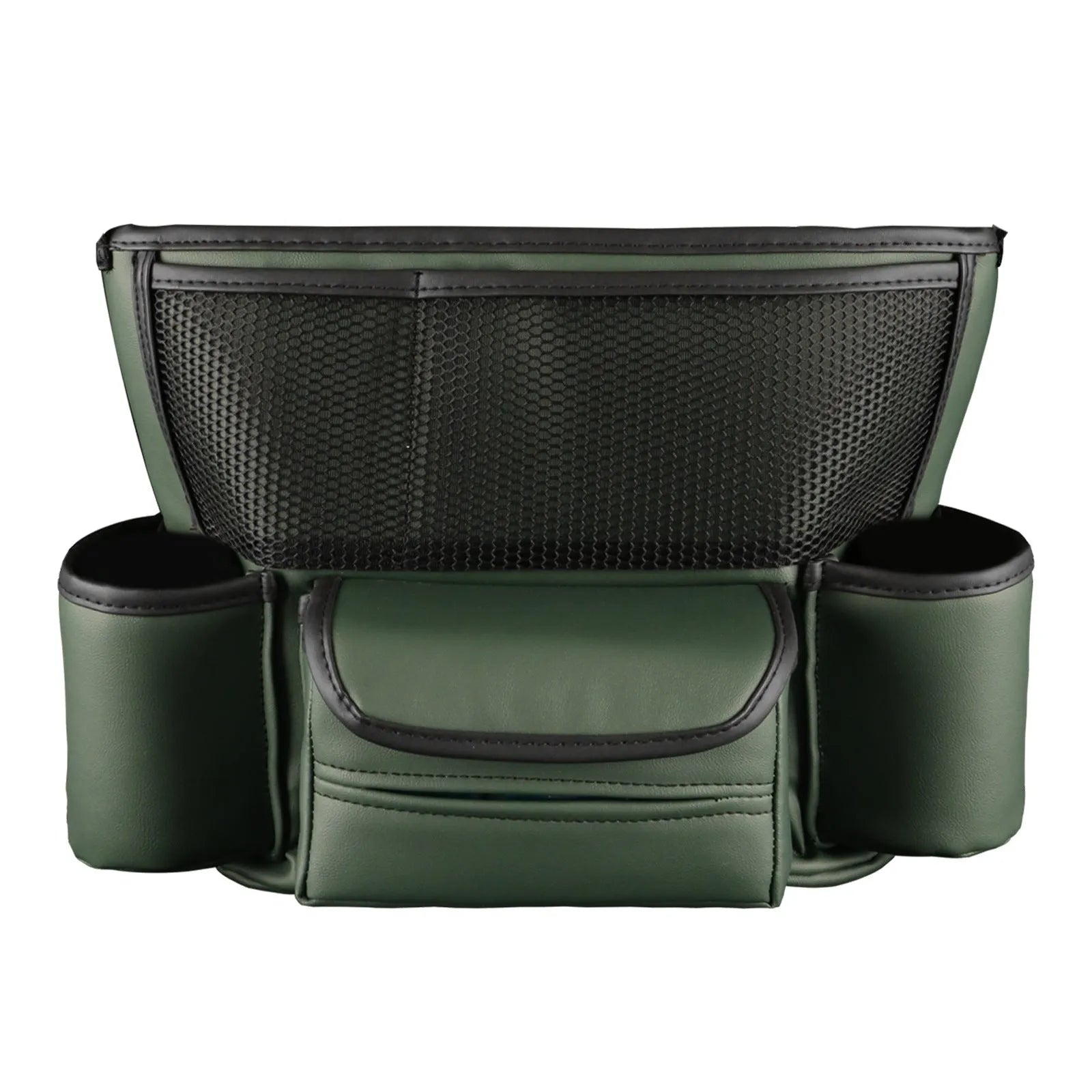 Multi function car centre console armrest storage bag in leather, 36x26x18 cm, black colour, installed between seats
