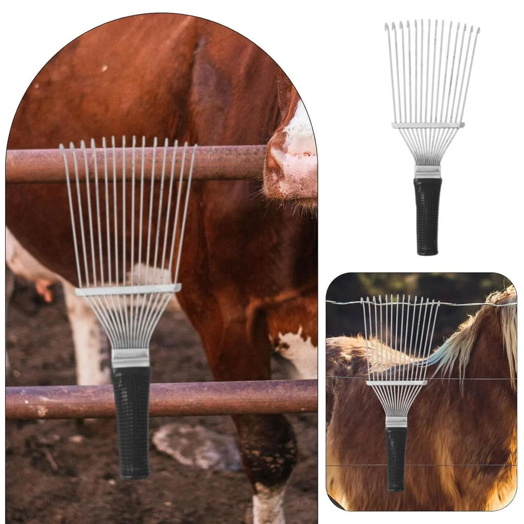 Black stainless steel grooming rake comb for horses and dogs measuring 33cm