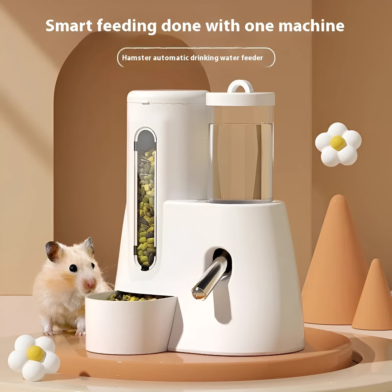 White automatic hamster drinking water feeder and food basin on a blue background.