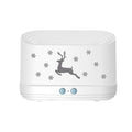 White flame effect humidifier diffuser with LED lighting and Christmas pattern, showing mist output