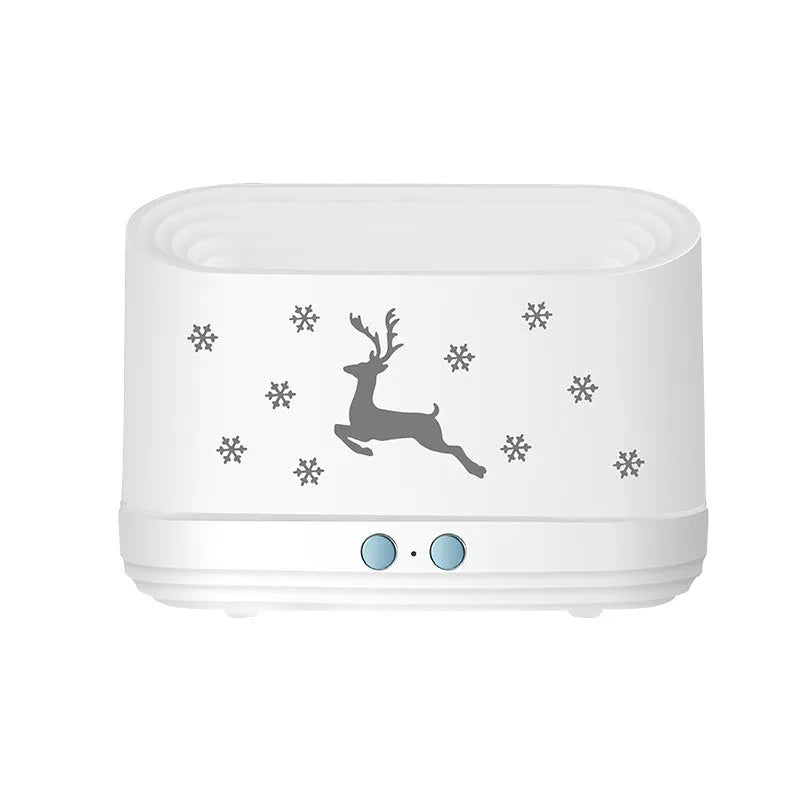 White flame effect humidifier diffuser with LED lighting and Christmas pattern, showing mist output