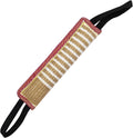 Beige and pink jute dog tug toy with two fabric handles on a white background.